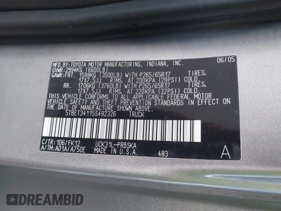 2005 Toyota Tundra SR5 with VIN 5TBET34115S492326, listed as a IAAI auction lot 42290928 with 168,543 mi miles and . Bid and sale history available at DreamBid. Image 9.