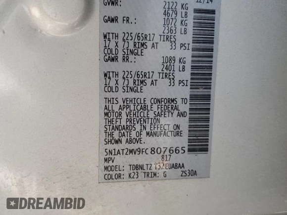 2015 Nissan Rogue SL with VIN 5N1AT2MV9FC807665, listed as a Copart auction lot 56639874 with 118,284 mi miles and Salvage Title. Bid and sale history available at DreamBid. Image 13.