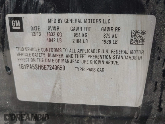 2014 Chevrolet Cruze LS with VIN 1G1PA5SH6E7249650, listed as a IAAI auction lot 42092801 with 119,866 mi miles and . Bid and sale history available at DreamBid. Image 9.