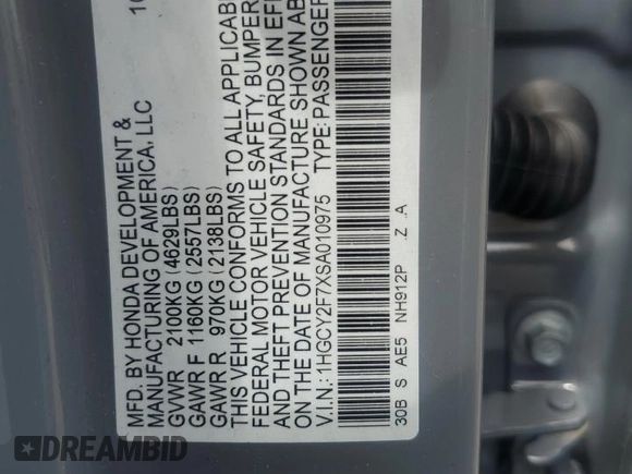 2025 Honda Accord Sport-L with VIN 1HGCY2F7XSA010975, listed as a Copart auction lot 57308645 with 13,742 mi miles and Salvage title. Bid and sale history available at DreamBid. Image 13.