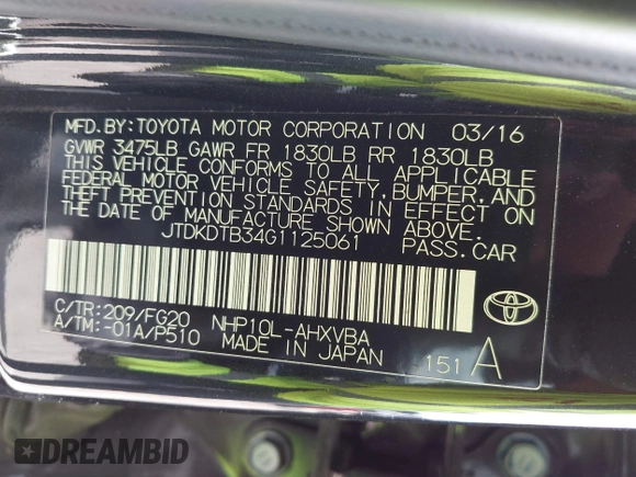 2016 Toyota Prius One z VIN JTDKDTB34G1125061, wystawiony jako IAAI lot #41866419 z przebiegiem 50 617 mil mil oraz . Historia ofert i sprzedaży dostępna na DreamBid. Obrazek 9.