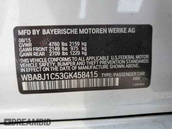 2016 BMW 3 Series 328d xDrive with VIN WBA8J1C53GK458415, listed as a Copart auction lot 47390323 with 82,048 mi miles and . Bid and sale history available at DreamBid. Image 12.