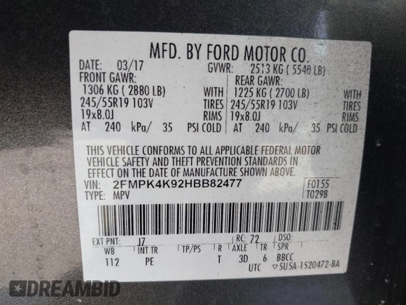 2017 Ford Edge Titanium with VIN 2FMPK4K92HBB82477, listed as a IAAI auction lot 41694124 with 126,524 mi miles. Bid and sale history available at carsss.com. Image 9.