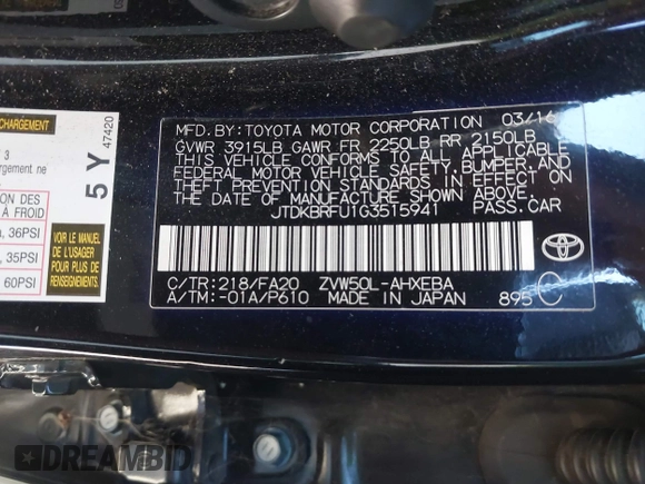 2016 Toyota Prius Two with VIN JTDKBRFU1G3515941, listed as a IAAI auction lot 41053971 with 110,585 mi miles. Bid and sale history available at carsss.com. Image 9.
