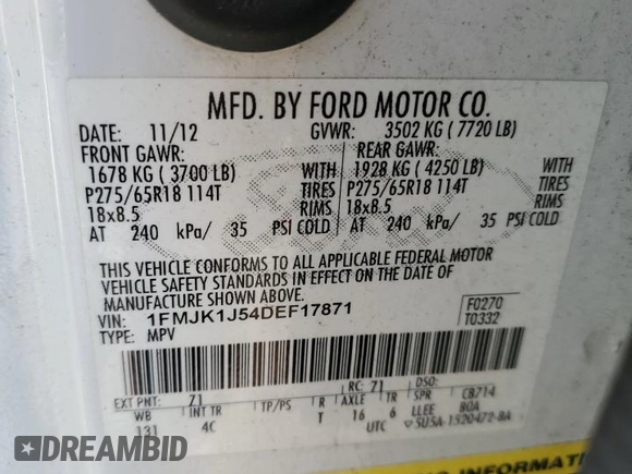 2013 Ford Expedition EL XLT with VIN 1FMJK1J54DEF17871, listed as a Copart auction lot 68041424 with 138,946 mi miles and Salvage Title. Bid and sale history available at carsss.com. Image 13.