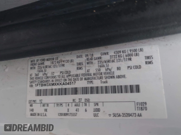 2019 Ford Transit with VIN 1FTBW3XMXKKA04517, listed as a IAAI auction lot 41968064 with 268,000 mi miles and . Bid and sale history available at DreamBid. Image 9.