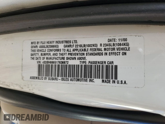 2001 Subaru Legacy Outback Limited with VIN 4S3BH686517636872, listed as a Copart auction lot 88520015 with 198,056 mi miles and Salvage title. Bid and sale history available at DreamBid. Image 12.