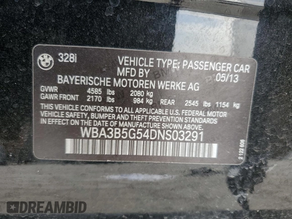 2013 BMW 3 Series 328i xDrive with VIN WBA3B5G54DNS03291, listed as a Copart auction lot 46707075 with 111,871 mi miles and Salvage Title. Bid and sale history available at carsss.com. Image 13.