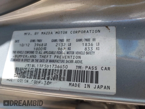 2013 Mazda 3 i SV with VIN JM1BL1TF5D1736650, listed as a IAAI auction lot 42344910 with 175,280 mi miles and . Bid and sale history available at DreamBid. Image 9.