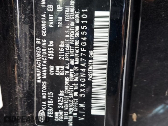 2015 Kia Optima EX with VIN 5XXGN4A77FG455101, listed as a Copart auction lot 45571055 with 211,941 mi miles and Salvage Title. Bid and sale history available at carsss.com. Image 12.