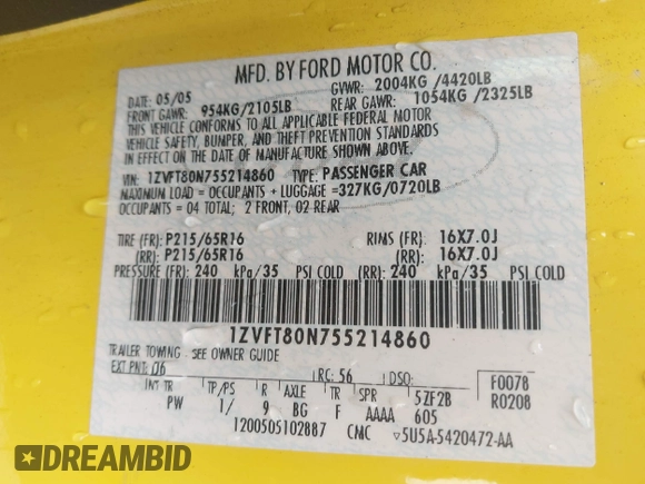 2005 Ford Mustang Deluxe with VIN 1ZVFT80N755214860, listed as a IAAI auction lot 42060292 with 138,177 mi miles. Bid and sale history available at carsss.com. Image 9.