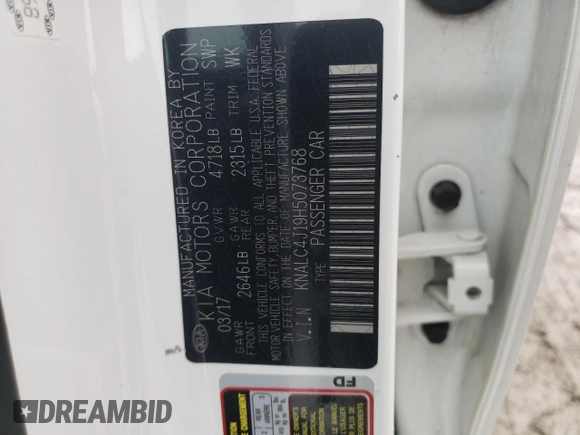 2017 Kia Cadenza Premium with VIN KNALC4J19H5073768, listed as a Copart auction lot 75085444 with 0 mi miles and Salvage Title. Bid and sale history available at carsss.com. Image 13.