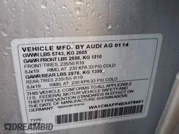 2014 Audi Q5 Premium Plus with VIN WA1CMAFP4EA078661, listed as a Copart auction lot 49681305 with 77,092 mi miles and Salvage title. Bid and sale history available at DreamBid. Image 14.