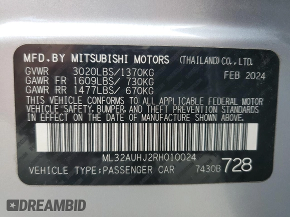 2024 Mitsubishi Mirage ES z VIN ML32AUHJ2RH010024, wystawiony jako Copart lot #59907215 z przebiegiem 29 712 mil mil oraz Szkoda całkowita • Salvage title. Historia ofert i sprzedaży dostępna na DreamBid. Obrazek 12.