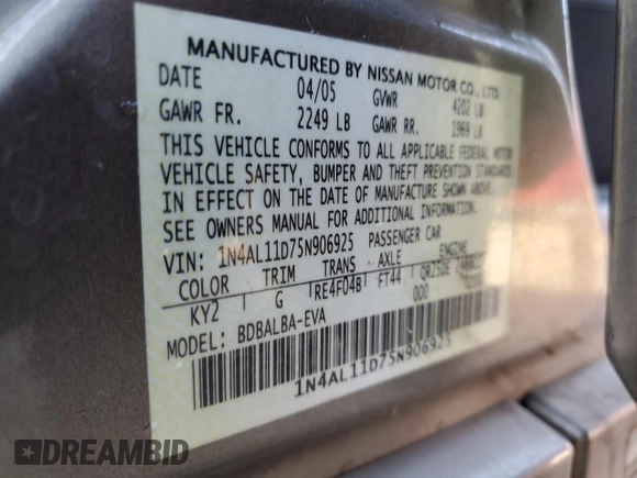 2005 Nissan Altima 2.5 with VIN 1N4AL11D75N906925, listed as a Copart auction lot 44710805 with 137,493 mi miles and Salvage Title. Bid and sale history available at carsss.com. Image 12.