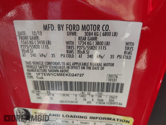 2014 Ford F-150 XL with VIN 1FTEW1CM5EKD24727, listed as a IAAI auction lot 41794641 with 118,973 mi miles and . Bid and sale history available at DreamBid. Image 9.