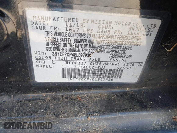 2014 Nissan Note SV with VIN 3N1CE2CP4EL397938, listed as a IAAI auction lot 42107621 with 204,211 mi miles and . Bid and sale history available at DreamBid. Image 9.