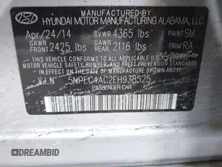 2014 Hyundai Sonata SE with VIN 5NPEC4AC2EH938525, listed as a IAAI auction lot 41117231 with 85,414 mi miles and . Bid and sale history available at DreamBid. Image 9.