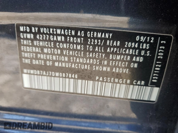 2013 Volkswagen Golf w/Conv z VIN WVWDB7AJ7DW087846, wystawiony jako Copart lot #86685384 z przebiegiem 95 679 mil mil oraz Nie do naprawy • Non repairable. Historia ofert i sprzedaży dostępna na DreamBid. Obrazek 12.