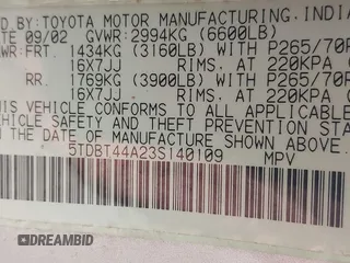 2003 Toyota Sequoia SR5 with VIN 5TDBT44A23S140109, listed as a IAAI auction lot 42231059 with 271,301 mi miles and . Bid and sale history available at DreamBid. Image 9.