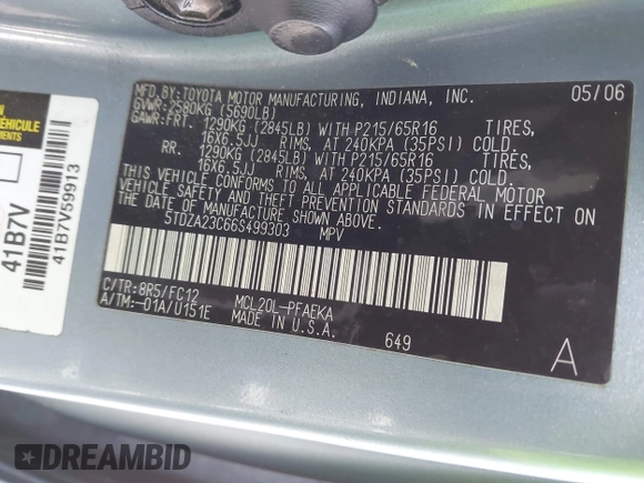 2006 Toyota Sienna CE with VIN 5TDZA23C66S499303, listed as a IAAI auction lot 42151809 with 225,878 mi miles and . Bid and sale history available at DreamBid. Image 9.