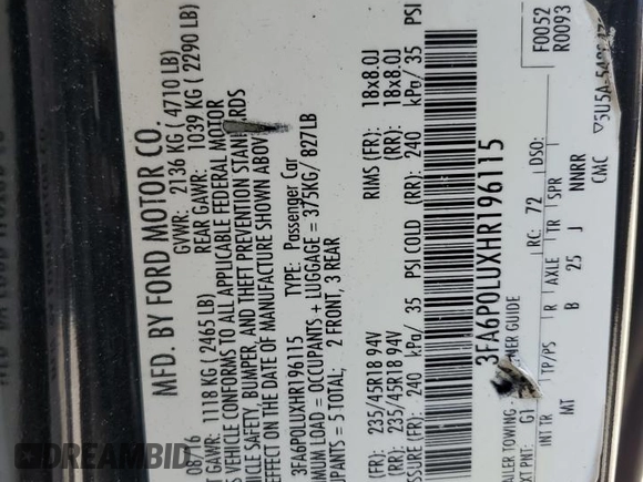 2017 Ford Fusion Hybrid SE with VIN 3FA6P0LUXHR196115, listed as a Copart auction lot 61049125 with 137,613 mi miles and Salvage title. Bid and sale history available at DreamBid. Image 13.