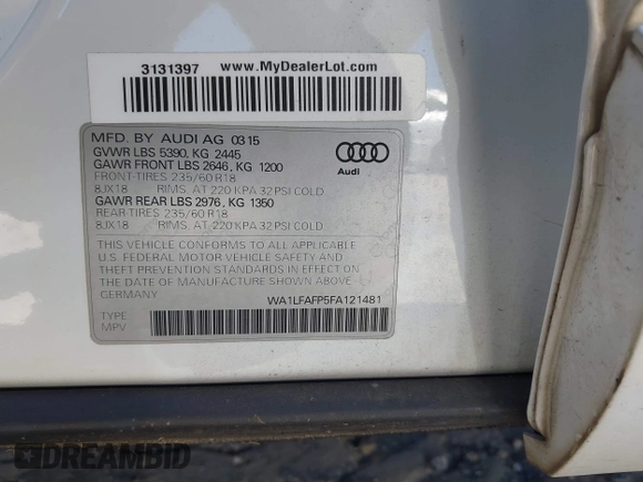 2015 Audi Q5 Premium Plus with VIN WA1LFAFP5FA121481, listed as a IAAI auction lot 41823011 with 69,380 mi miles. Bid and sale history available at carsss.com. Image 9.