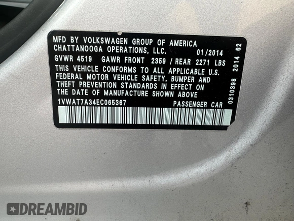 2014 Volkswagen Passat Wolfsburg Edition с VIN 1VWAT7A34EC065367, выставлен на аукционе Copart как лот 60574015 с пробегом 85 800 миль миль и Чистый • Clean title. История ставок и продаж доступна на DreamBid. Изображение 10.