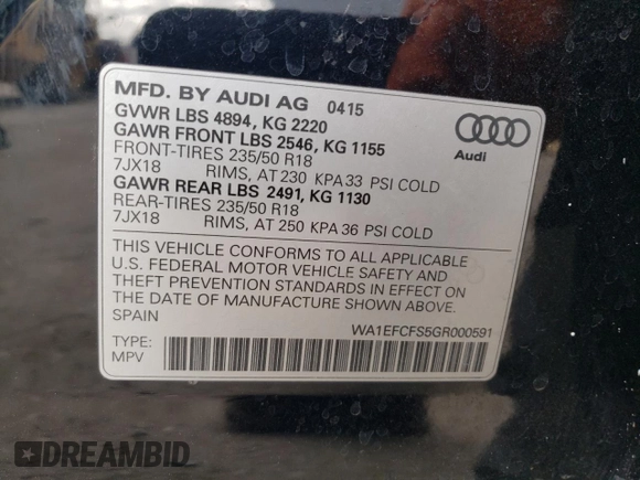 2016 Audi Q3 Premium Plus with VIN WA1EFCFS5GR000591, listed as a Copart auction lot 45585415 with 87,303 mi miles and Salvage title. Bid and sale history available at DreamBid. Image 16.