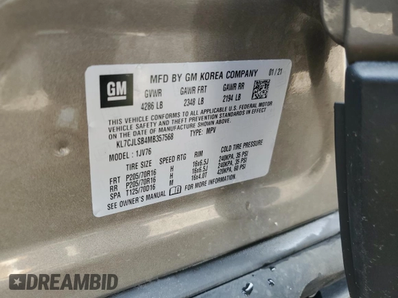 2021 Chevrolet Trax LT with VIN KL7CJLSB4MB357568, listed as a Copart auction lot 61654405 with 51,809 mi miles and Salvage title. Bid and sale history available at DreamBid. Image 13.