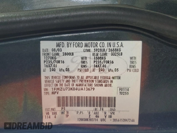 2004 Ford Explorer XLT z VIN 1FMZU73K04UA13679, wystawiony jako Copart lot #59557905 z przebiegiem 193 764 mil mil oraz Szkoda całkowita • Salvage title. Historia ofert i sprzedaży dostępna na DreamBid. Obrazek 13.
