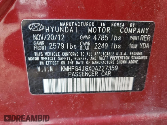 2013 Hyundai Azera with VIN KMHFG4JGXDA227359, listed as a Copart auction lot 52868574 with 129,811 mi miles and Salvage Title. Bid and sale history available at DreamBid. Image 13.