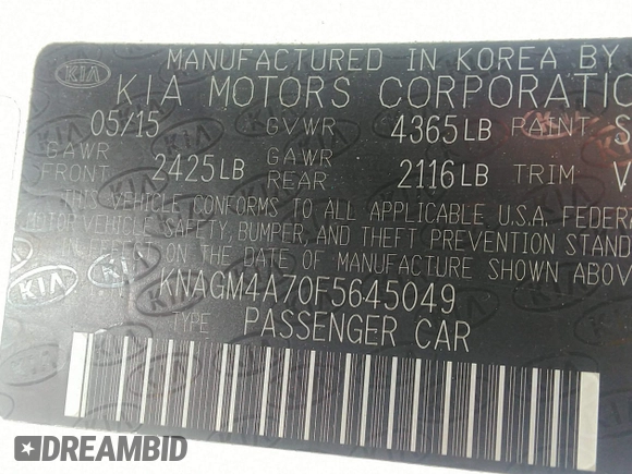 2015 Kia Optima LX with VIN KNAGM4A70F5645049, listed as a IAAI auction lot 42758383 with 214,934 mi miles and . Bid and sale history available at DreamBid. Image 9.