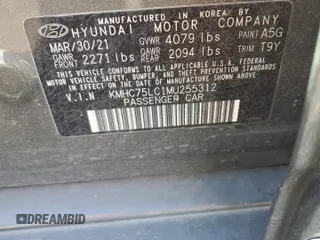 2021 Hyundai Ioniq SE with VIN KMHC75LC1MU255312, listed as a Copart auction lot 88885765 with 43,903 mi miles and Salvage Title. Bid and sale history available at DreamBid. Image 12.