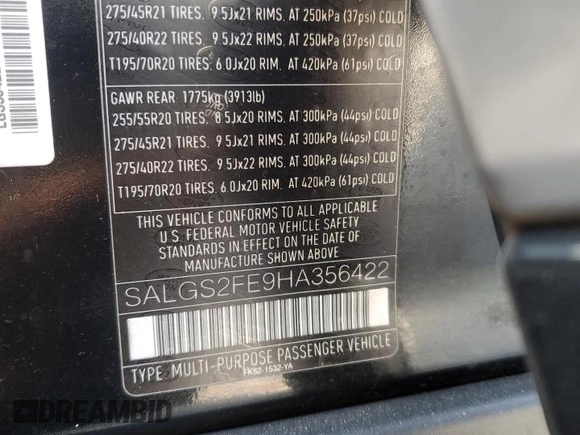 2017 Land Rover Range Rover с VIN SALGS2FE9HA356422, выставлен на аукционе Copart как лот 55553765 с пробегом 116 351 миль миль и Списание • Salvage title. История ставок и продаж доступна на DreamBid. Изображение 13.