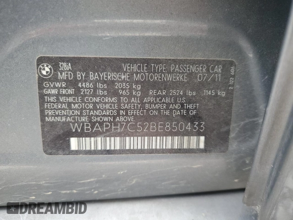 2011 BMW 3 Series 328i with VIN WBAPH7C52BE850433, listed as a Copart auction lot 51310665 with 245,317 mi miles and Salvage Title. Bid and sale history available at carsss.com. Image 14.
