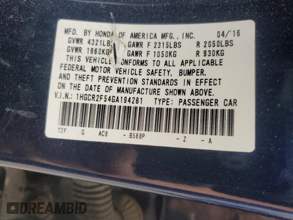 2016 Honda Accord Sport z VIN 1HGCR2F54GA194281, wystawiony jako Copart lot #55817345 z przebiegiem 122 592 mil mil oraz Szkoda całkowita • Salvage title. Historia ofert i sprzedaży dostępna na DreamBid. Obrazek 12.