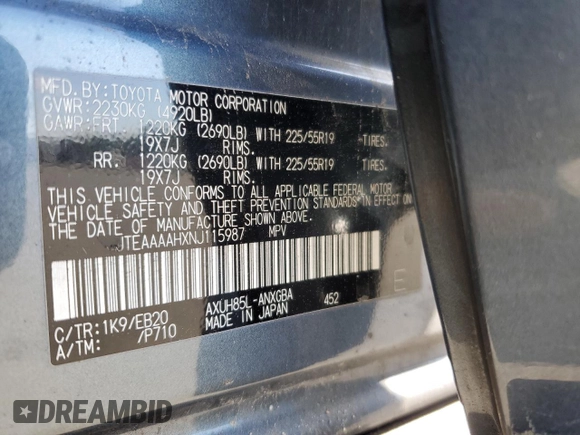 2022 Toyota Venza LE with VIN JTEAAAAHXNJ115987, listed as a Copart auction lot 54254654 with 36,614 mi miles. Bid and sale history available at carsss.com. Image 12.