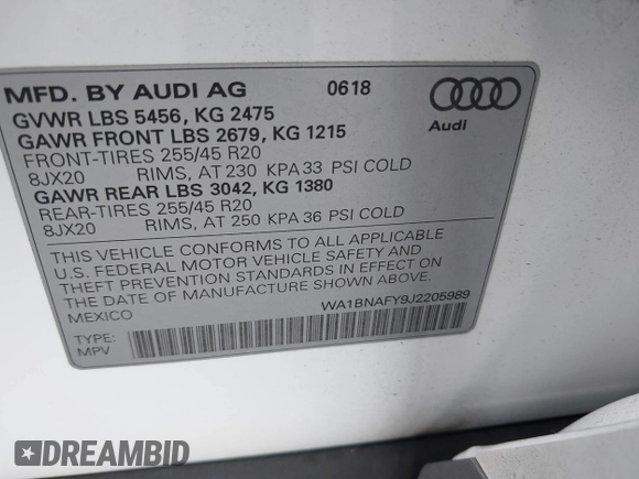 2018 Audi Q5 Premium Plus with VIN WA1BNAFY9J2205989, listed as a IAAI auction lot 41838062 with 60,777 mi miles. Bid and sale history available at carsss.com. Image 9.