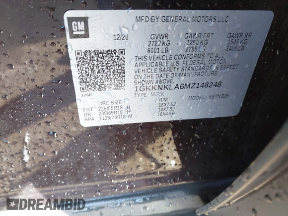 2021 GMC Acadia SLE with VIN 1GKKNKLA6MZ148248, listed as a IAAI auction lot 41530456 with 47,582 mi miles and . Bid and sale history available at DreamBid. Image 9.