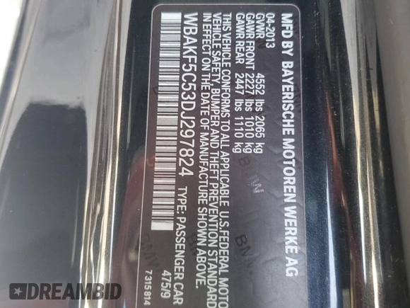 2013 BMW 3 Series 328i xDrive with VIN WBAKF5C53DJ297824, listed as a Copart auction lot 82966964 with 73,046 mi miles and Salvage Title. Bid and sale history available at carsss.com. Image 12.