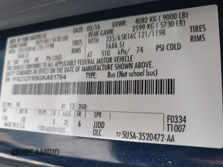 2016 Ford Transit XL with VIN 1FBZX2YM5GKA81764, listed as a IAAI auction lot 42450164 with 191,928 mi miles and . Bid and sale history available at DreamBid. Image 9.