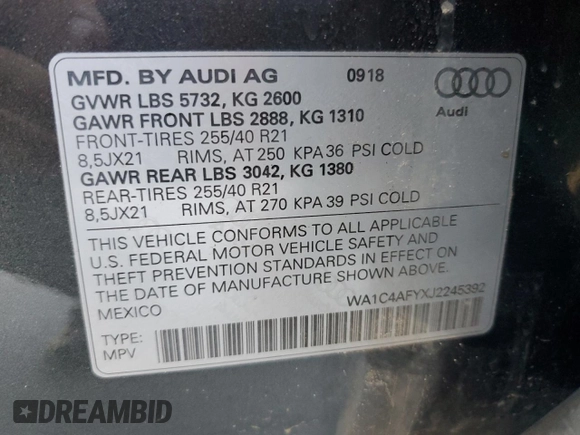2018 Audi SQ5 Prestige with VIN WA1C4AFYXJ2245392, listed as a Copart auction lot 52140345 with 41,113 mi miles and Salvage Title. Bid and sale history available at carsss.com. Image 13.