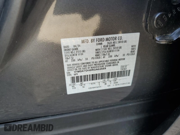 2024 Ford Explorer XLT z VIN 1FMSK7DH0RGA62669, wystawiony jako Copart lot #51275245 z przebiegiem 7 790 mil mil oraz Szkoda całkowita • Salvage title. Historia ofert i sprzedaży dostępna na DreamBid. Obrazek 13.
