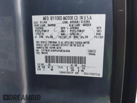 2004 Ford F-150 STX with VIN 1FTRX14W94NB26406, listed as a IAAI auction lot 41793865 with 210,357 mi miles and . Bid and sale history available at DreamBid. Image 9.