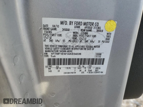 2010 Ford F-150 XL with VIN 1FTMF1EW1AKE04336, listed as a Copart auction lot 89282095 with 248,946 mi miles and Clean Title. Bid and sale history available at DreamBid. Image 12.