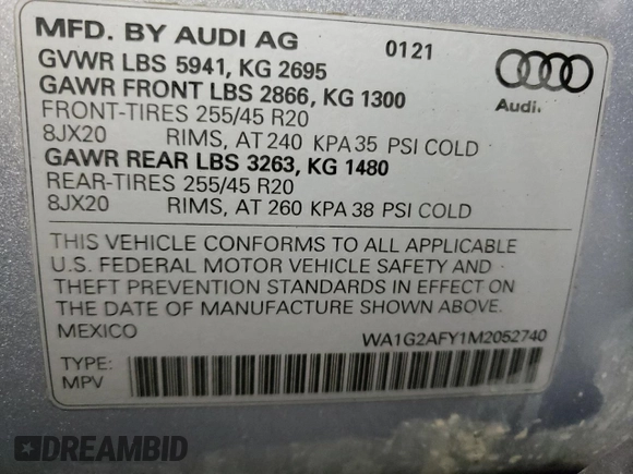 2021 Audi Q5 Premium with VIN WA1G2AFY1M2052740, listed as a Copart auction lot 80265554 with 20,943 mi miles and Clean title. Bid and sale history available at DreamBid. Image 14.