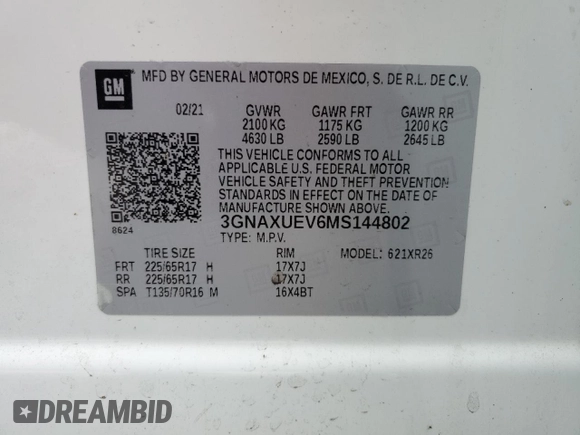2021 Chevrolet Equinox LT z VIN 3GNAXUEV6MS144802, wystawiony jako Copart lot #55893985 z przebiegiem 61 802 mil mil oraz Szkoda całkowita • Salvage title. Historia ofert i sprzedaży dostępna na DreamBid. Obrazek 13.
