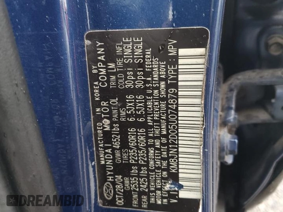 2005 Hyundai Tucson GLS with VIN KM8JN12D05U074879, listed as a Copart auction lot 73746674 with 0 mi miles and Salvage Title. Bid and sale history available at carsss.com. Image 14.