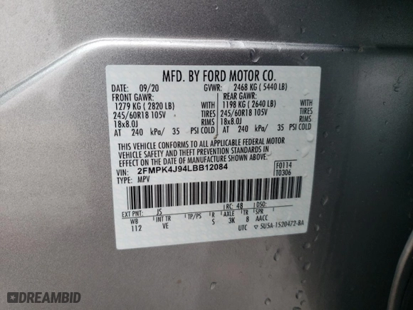 2020 Ford Edge SEL with VIN 2FMPK4J94LBB12084, listed as a Copart auction lot 47263855 with 25,888 mi miles and Salvage Title. Bid and sale history available at carsss.com. Image 15.